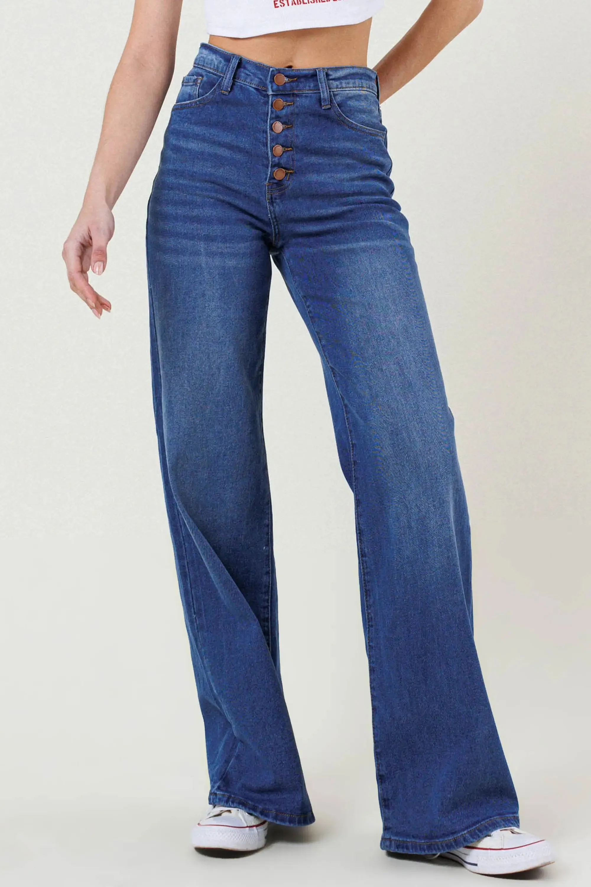 High Rise Button-Up Wide Leg Jeans-Vibrant M.I.U