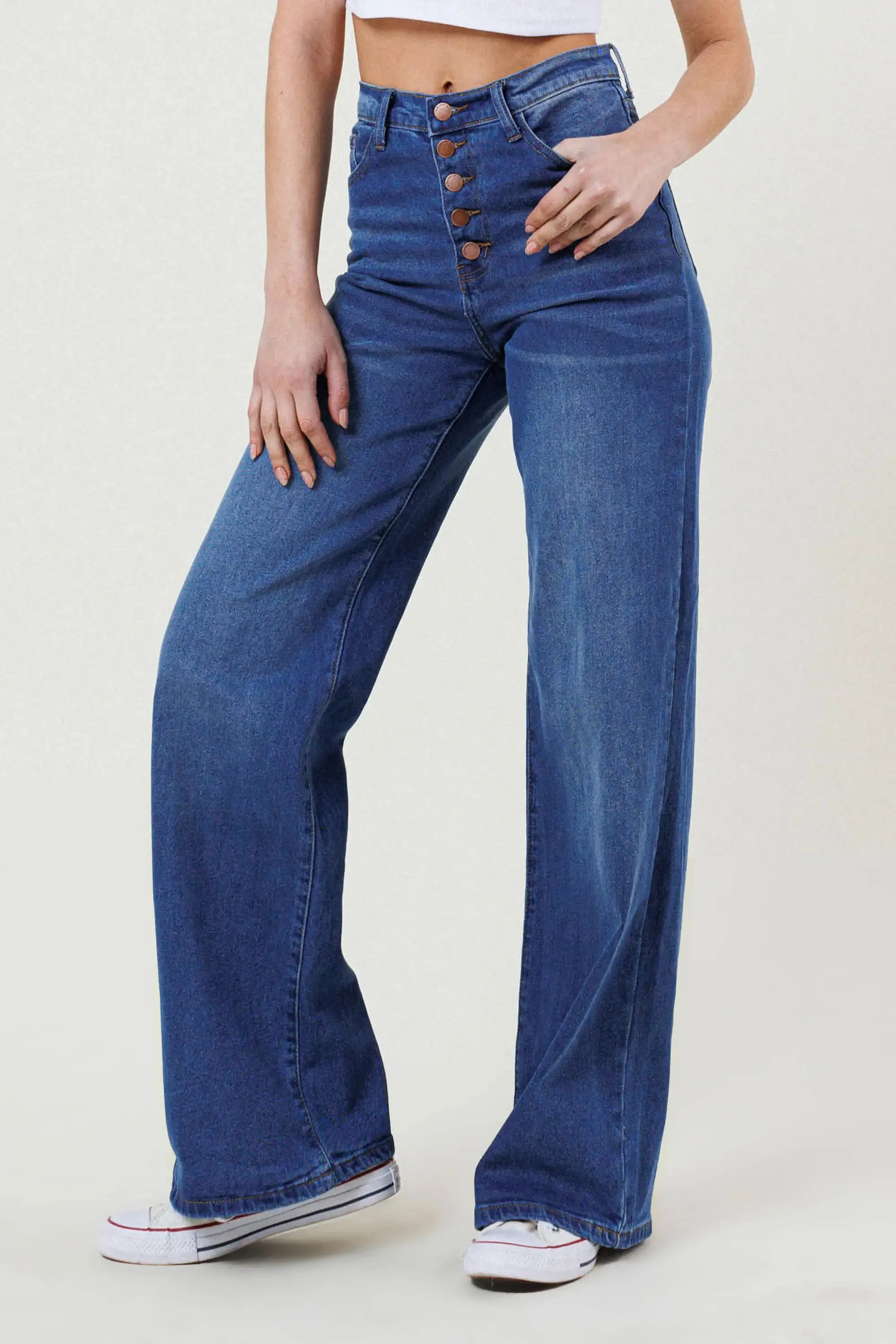 High Rise Button-Up Wide Leg Jeans-Vibrant M.I.U