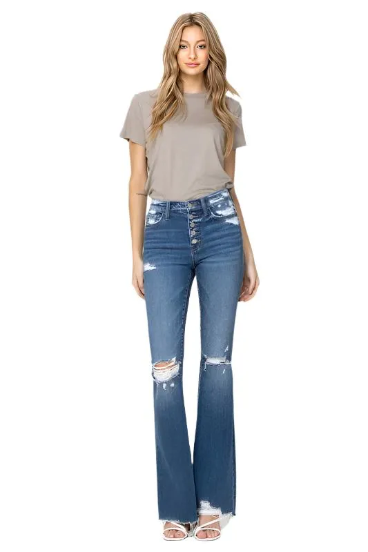 High Rise Distressed Raw Hem Flare Jeans by Flying Monkey