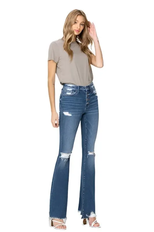 High Rise Distressed Raw Hem Flare Jeans by Flying Monkey