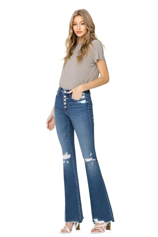 High Rise Distressed Raw Hem Flare Jeans by Flying Monkey