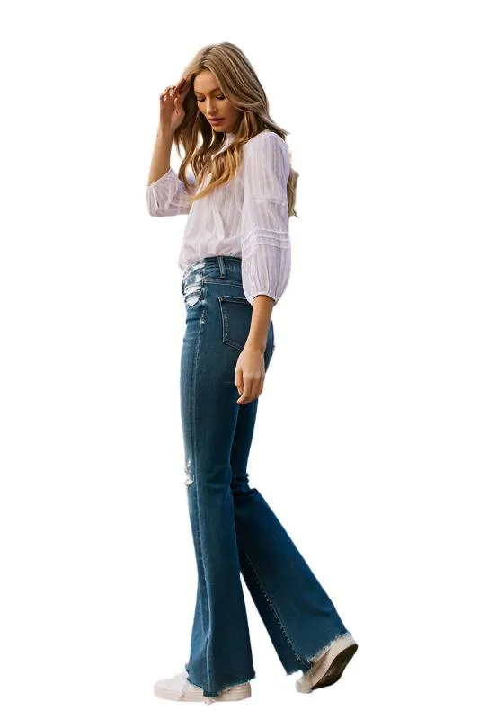 High Rise Distressed Raw Hem Flare Jeans by Flying Monkey