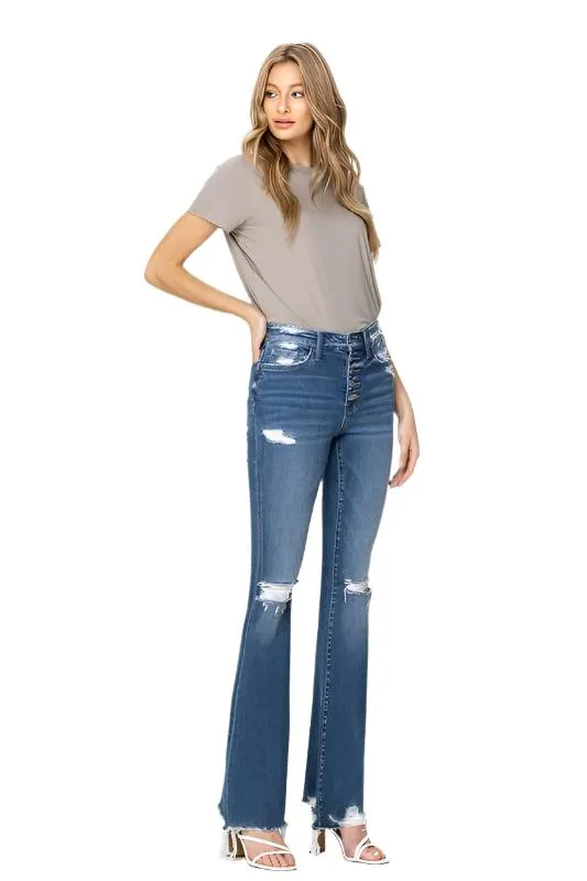 High Rise Distressed Raw Hem Flare Jeans by Flying Monkey