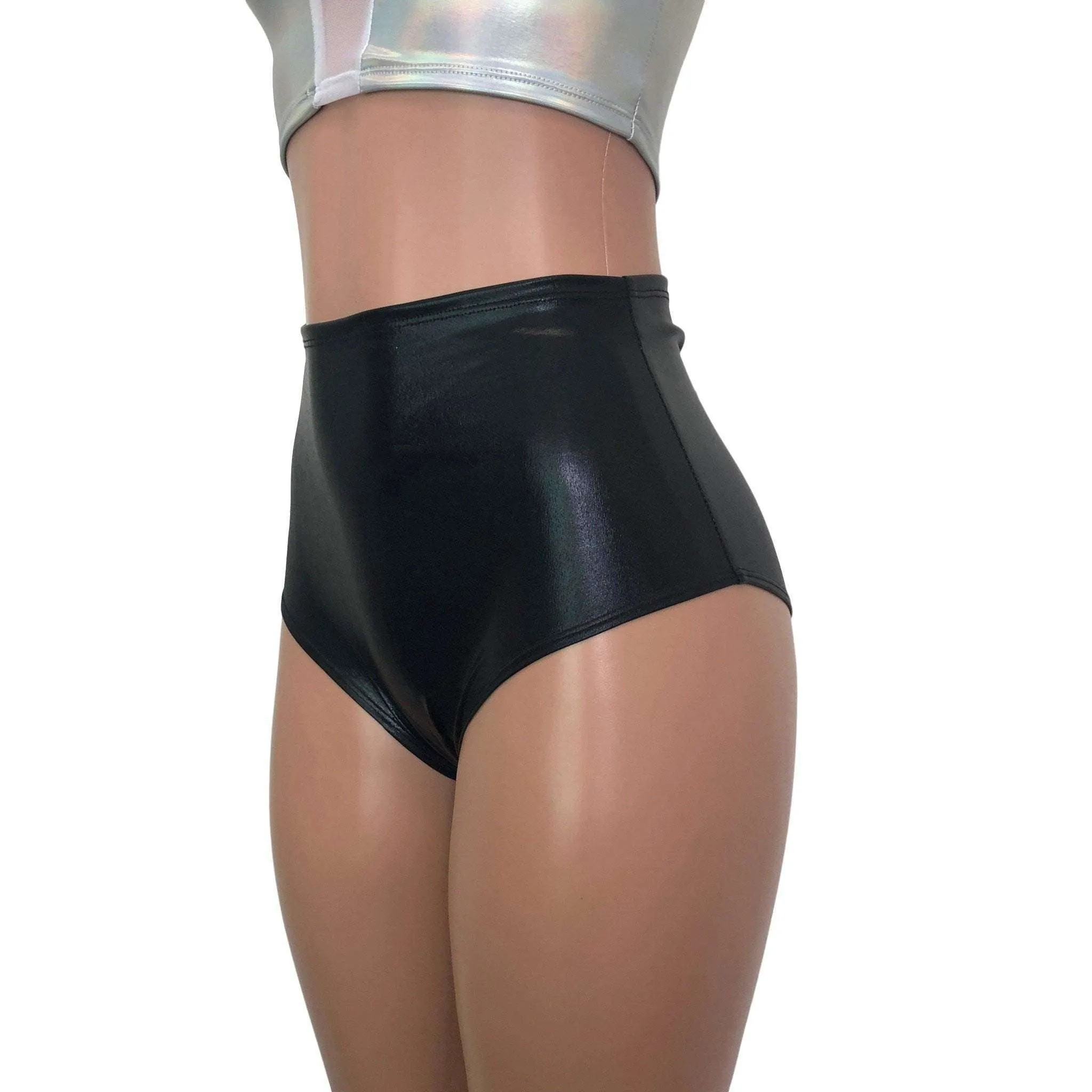 High Waist Scrunch Bikini Hot Pants - Black Metallic "Wet Look"