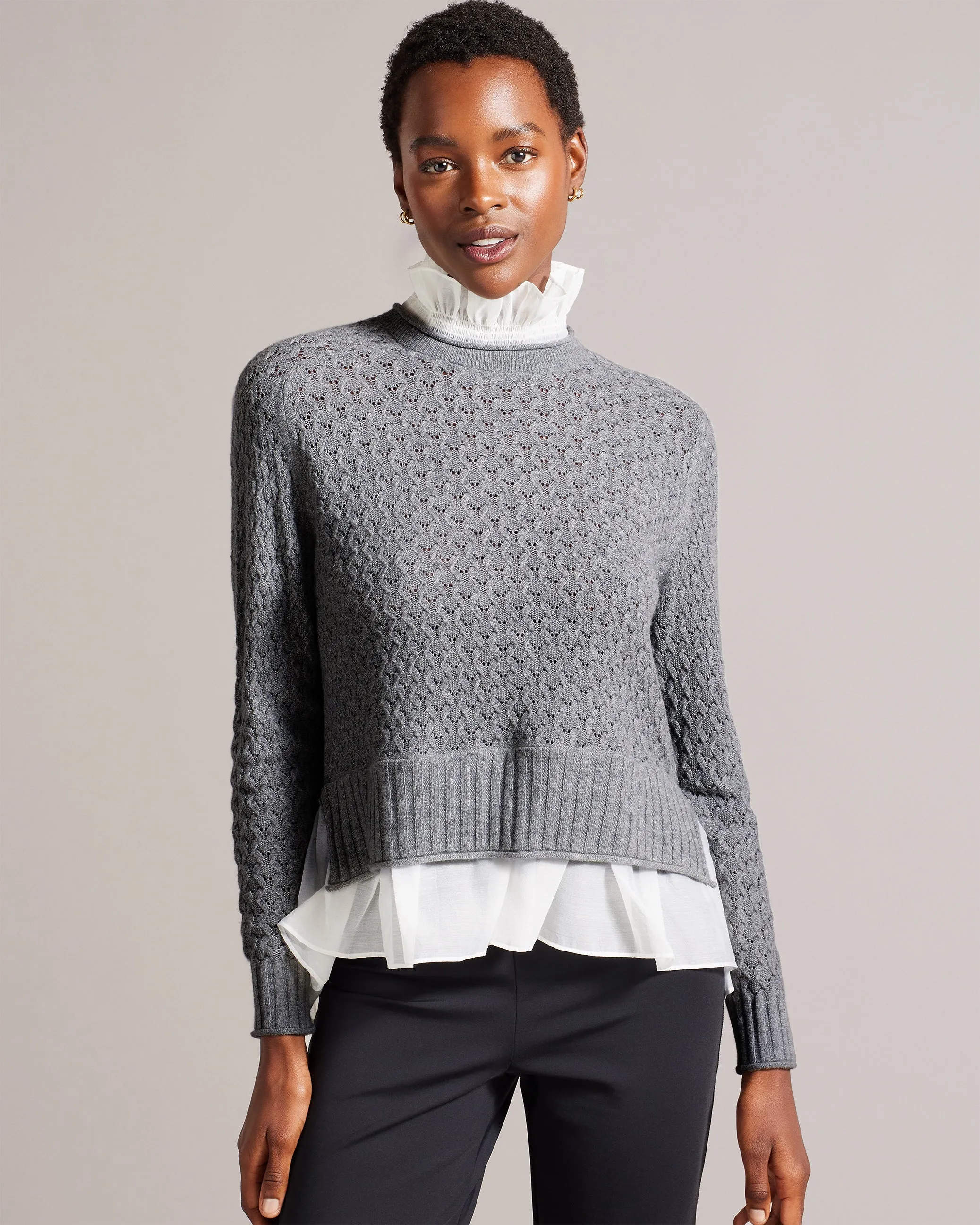 Holina Knit Sweater With Mock Shirt Grey