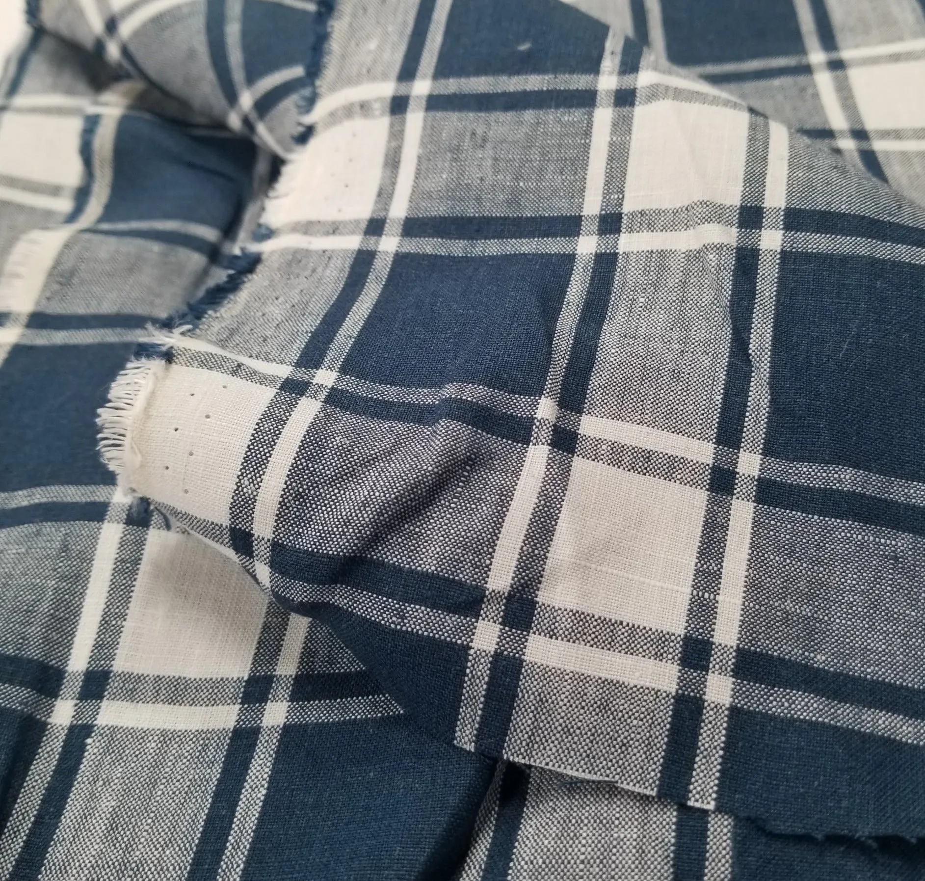 Irish Linen Plaid Navy and White Bryson Woven 194 GSM- by the yard