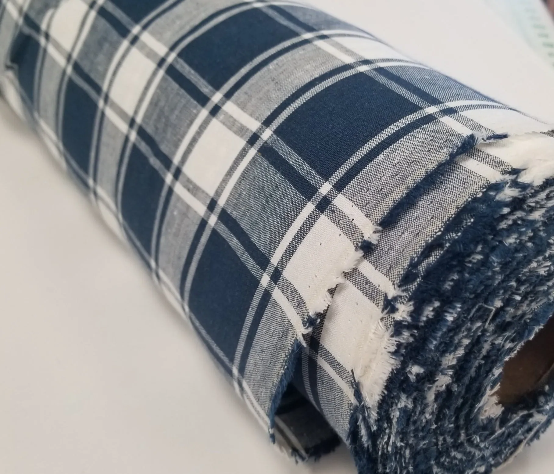 Irish Linen Plaid Navy and White Bryson Woven 194 GSM- by the yard