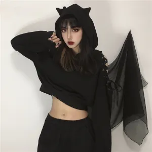 'Ivy' Black Grunge Cat Ear Lace up Hoodie