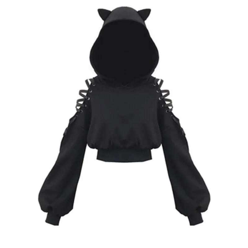 'Ivy' Black Grunge Cat Ear Lace up Hoodie