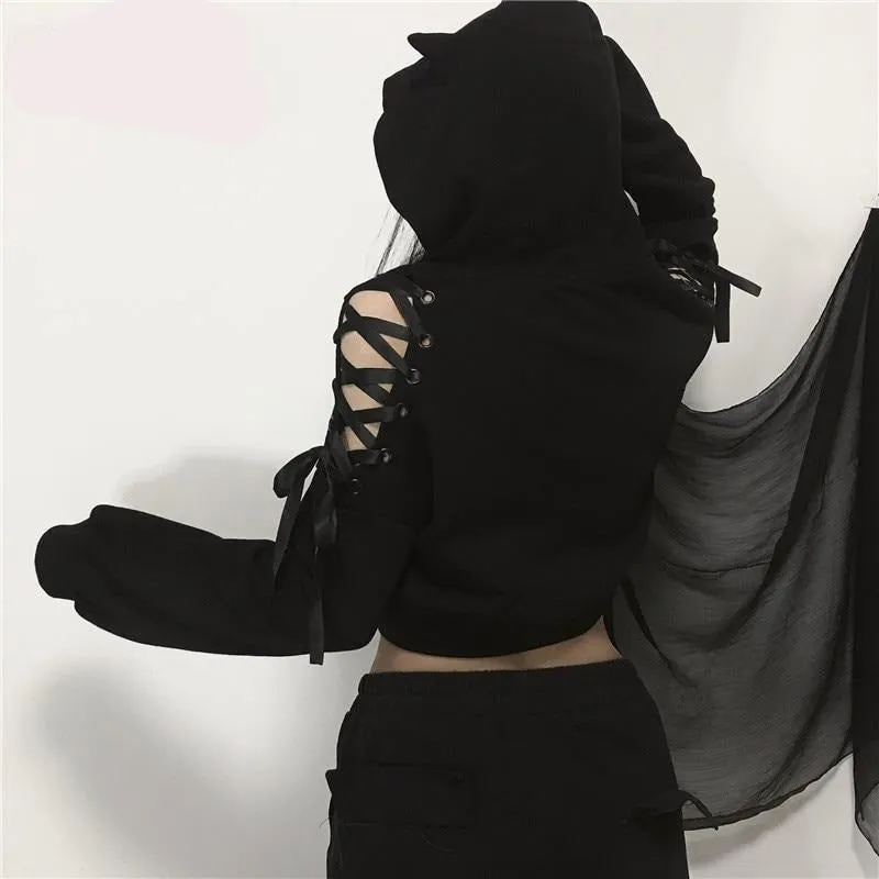 'Ivy' Black Grunge Cat Ear Lace up Hoodie