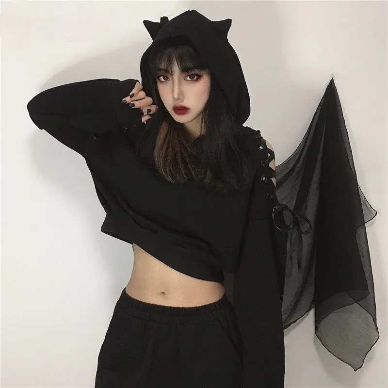 'Ivy' Black Grunge Cat Ear Lace up Hoodie