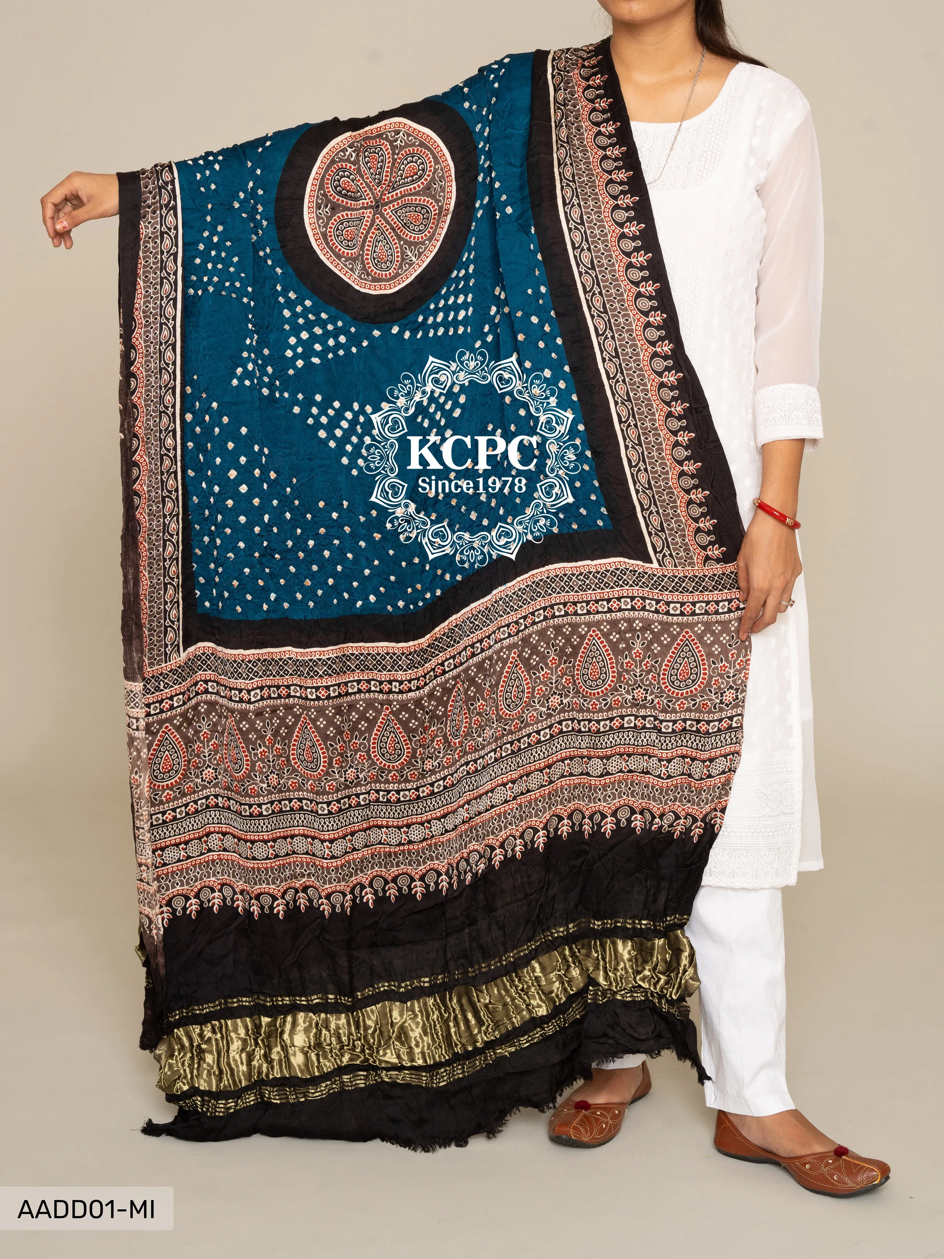 KCPC Pure Gaji Silk Ajrakh Bandhani Dupatta, DR, KC Morkanti