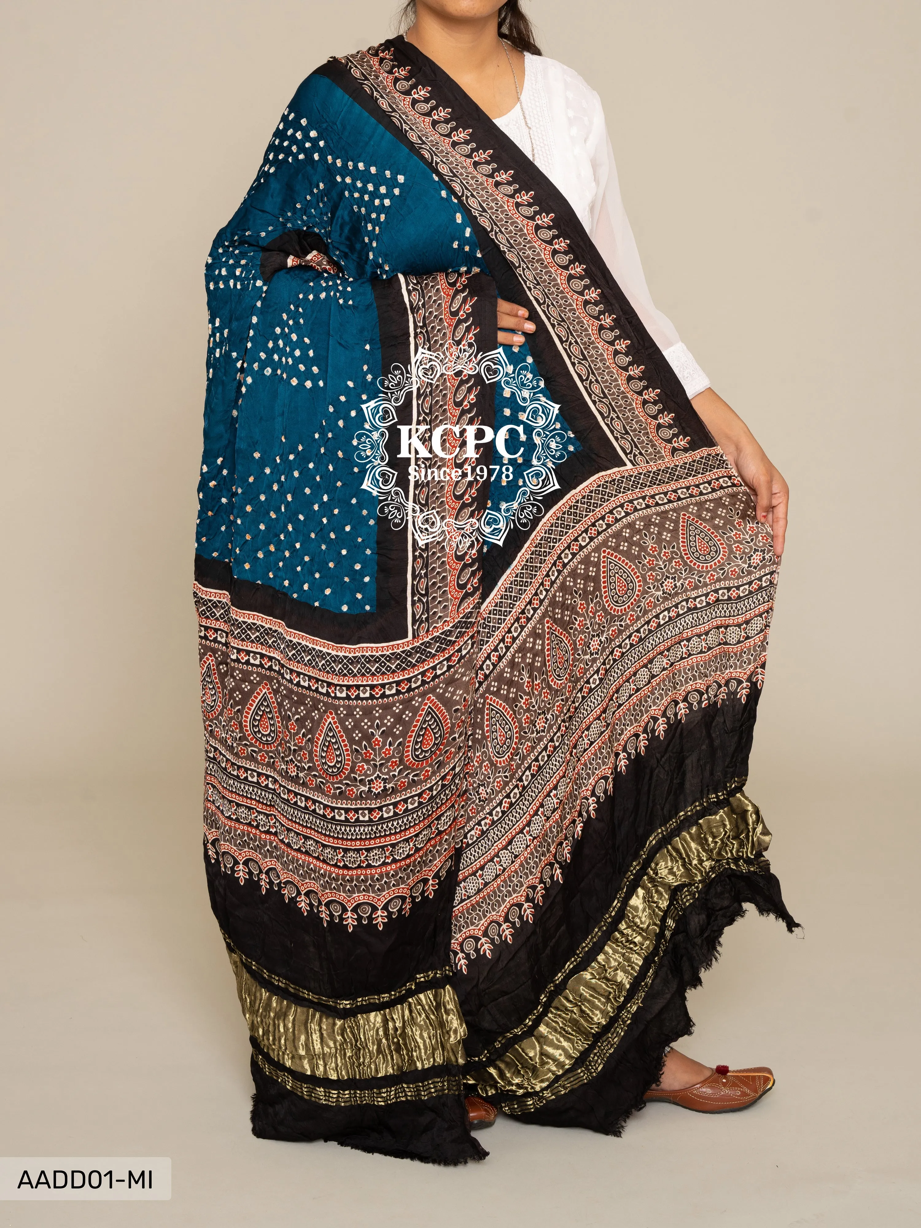 KCPC Pure Gaji Silk Ajrakh Bandhani Dupatta, DR, KC Morkanti