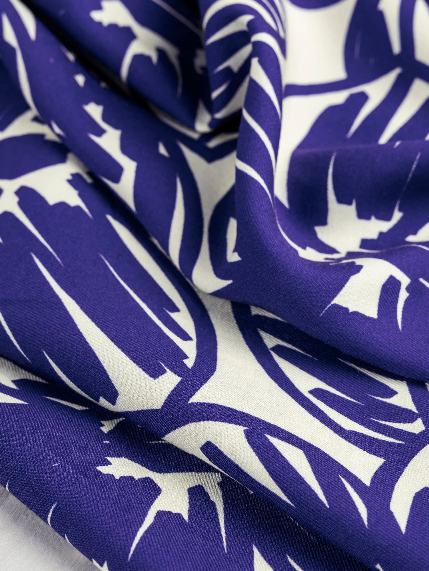 Large Floral Scribble Viscose Twill - Cobalt Blue   Cream - Swatch