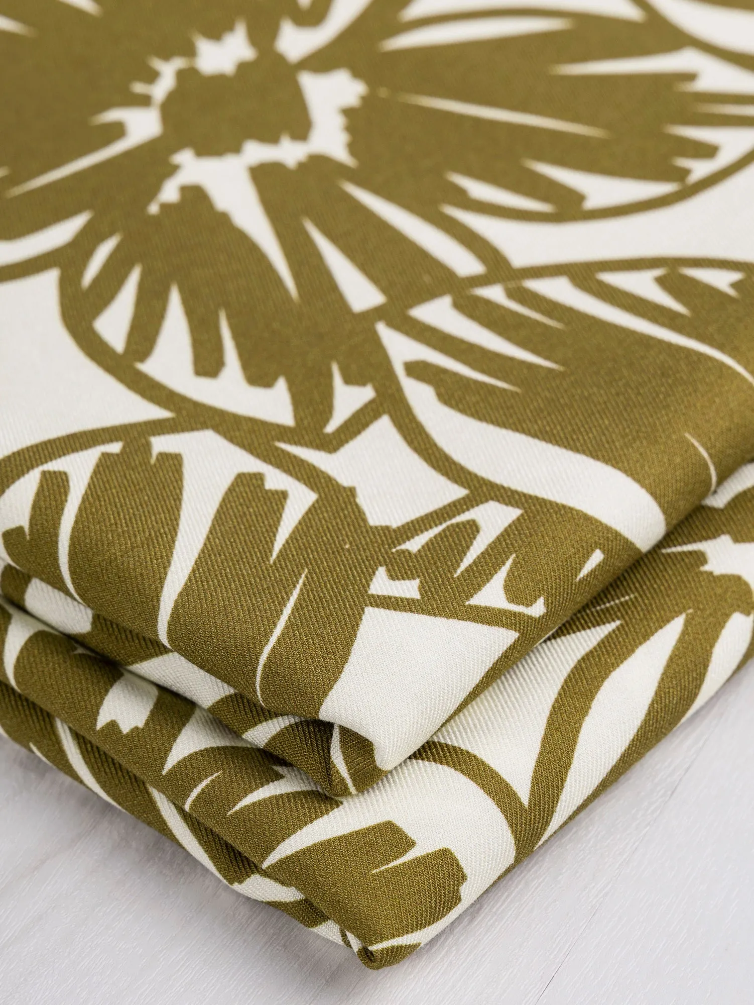 Large Floral Scribble Viscose Twill - Golden Olive   Cream - Swatch