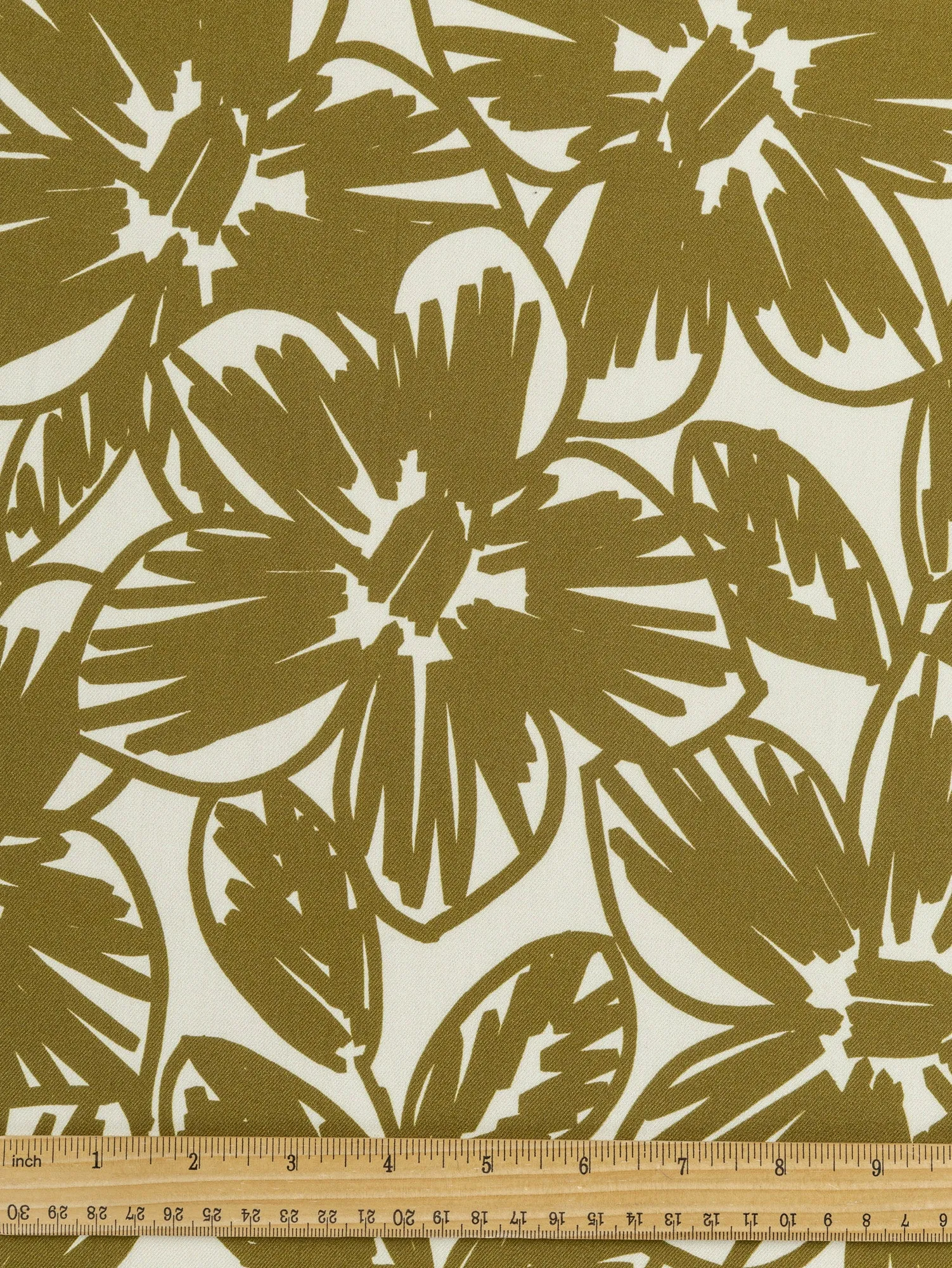 Large Floral Scribble Viscose Twill - Golden Olive   Cream - Swatch