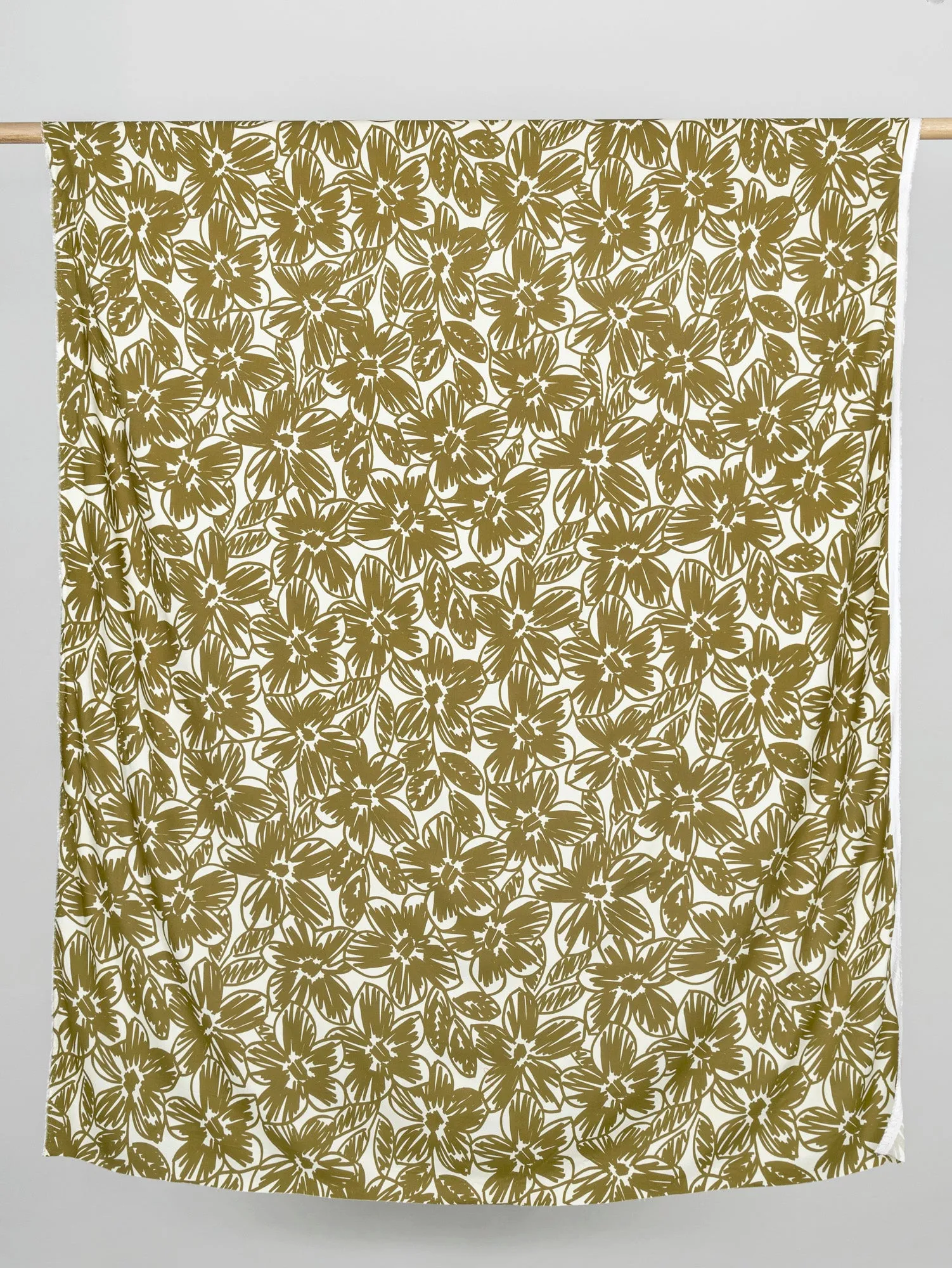 Large Floral Scribble Viscose Twill - Golden Olive   Cream - Swatch