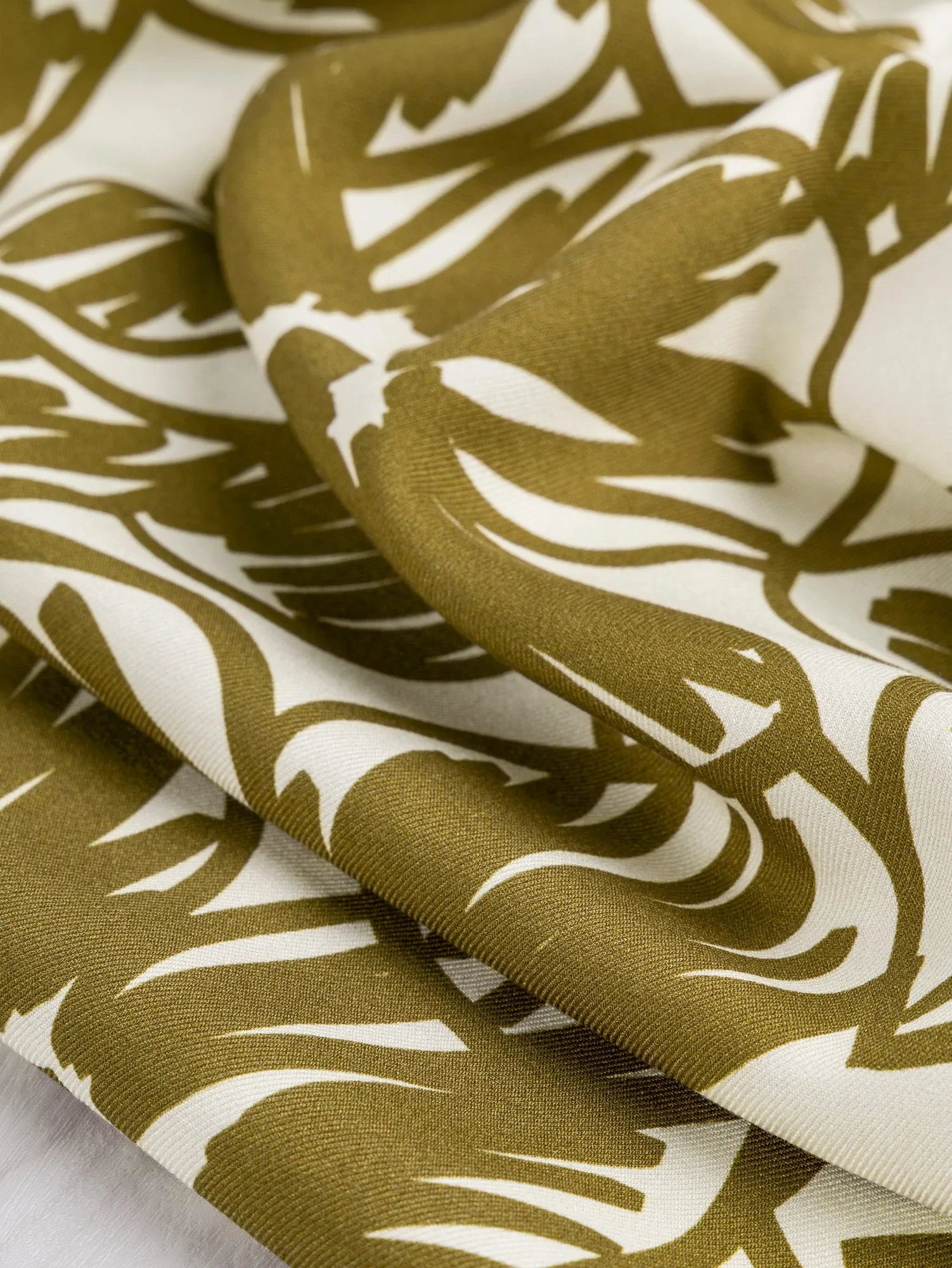 Large Floral Scribble Viscose Twill - Golden Olive   Cream - Swatch