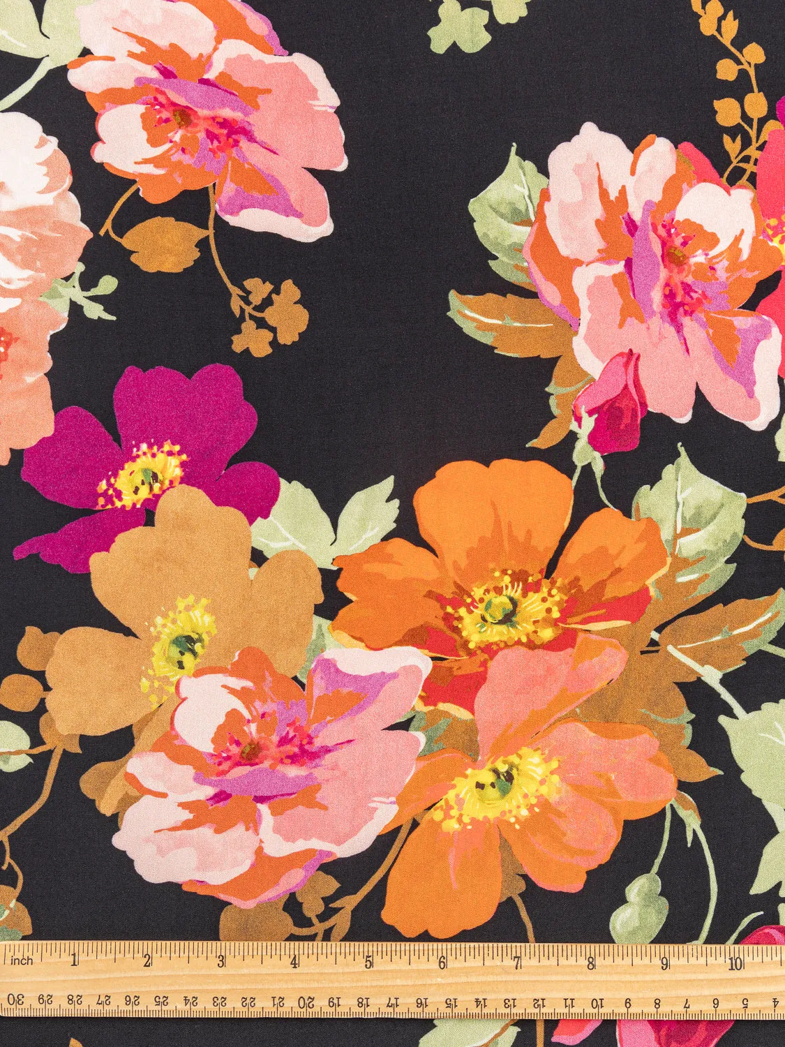 Large Poppy Floral Print Viscose Challis - Black   Red   Orange - Swatch