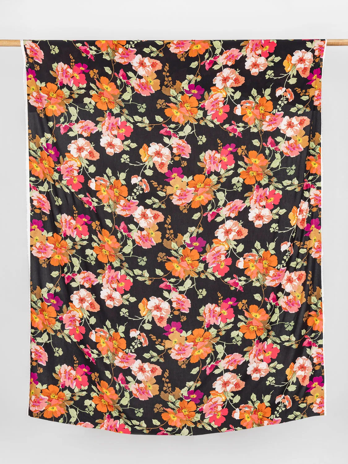 Large Poppy Floral Print Viscose Challis - Black   Red   Orange - Swatch