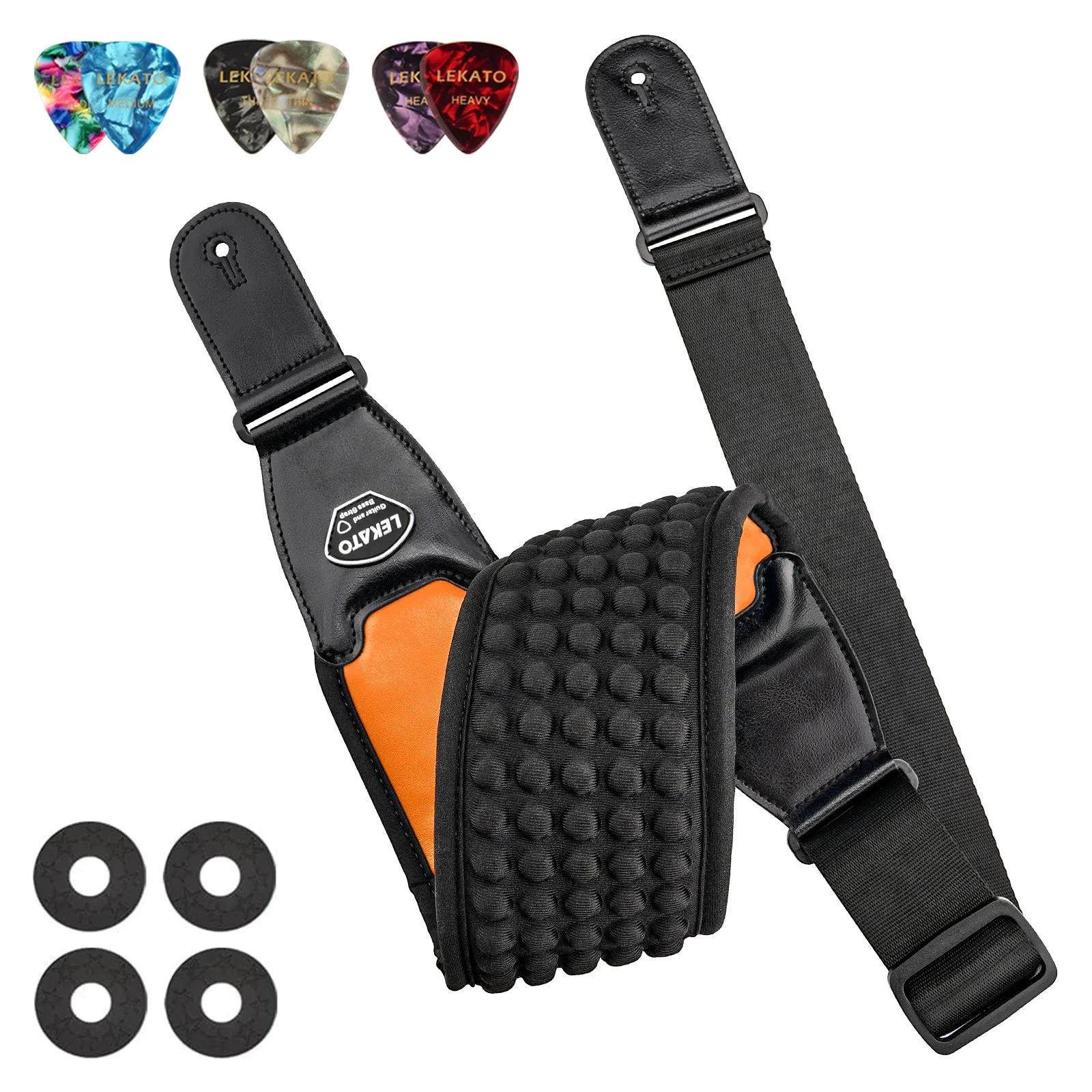 LEKATO LGS-1 3.5 Inches 5 Rows 3D Sponge Filling Guitar Strap Set w/ 6 Picks