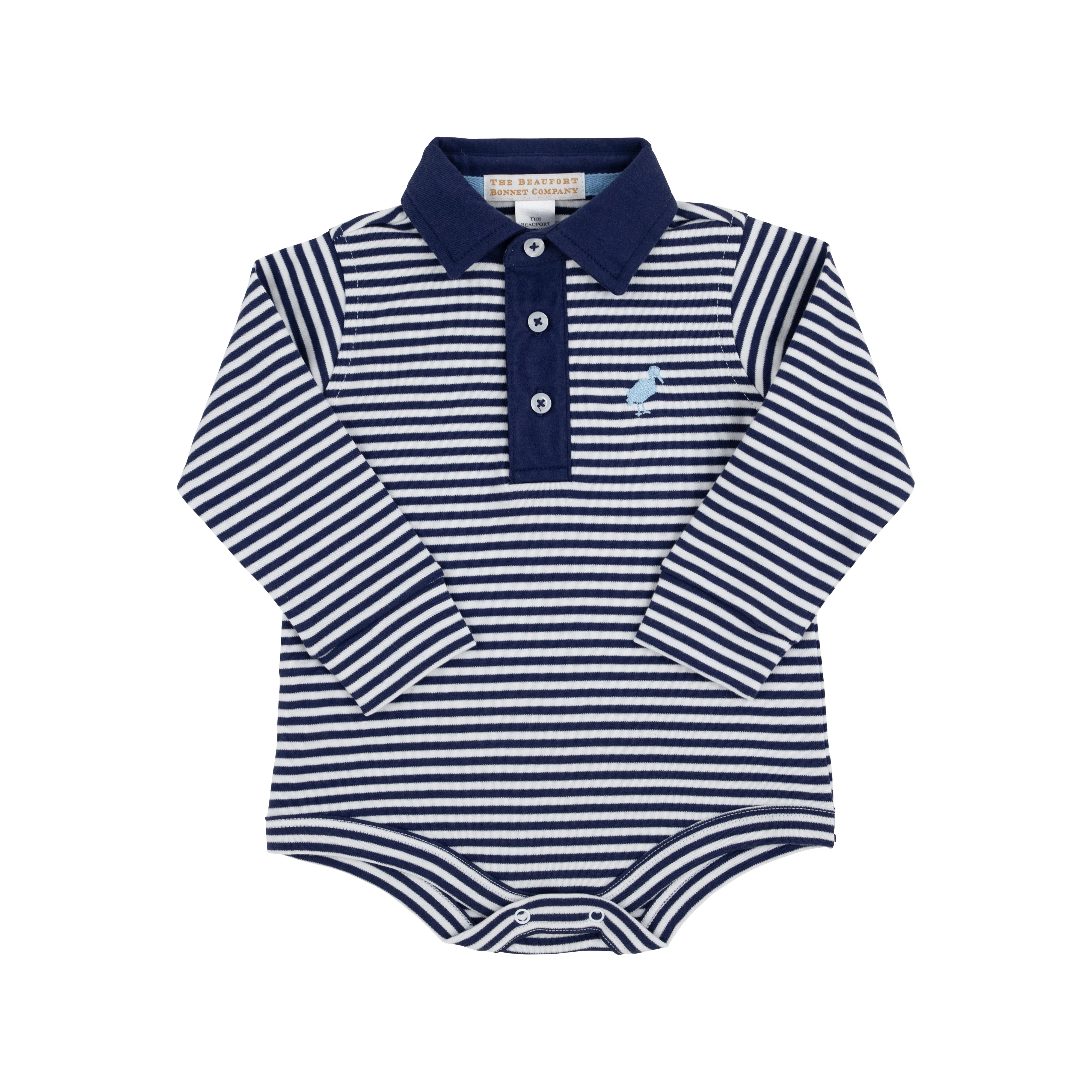 Long Sleeve Prim & Proper Polo & Onesie - Nantucket Navy Stripe with Beale Street Blue Stork