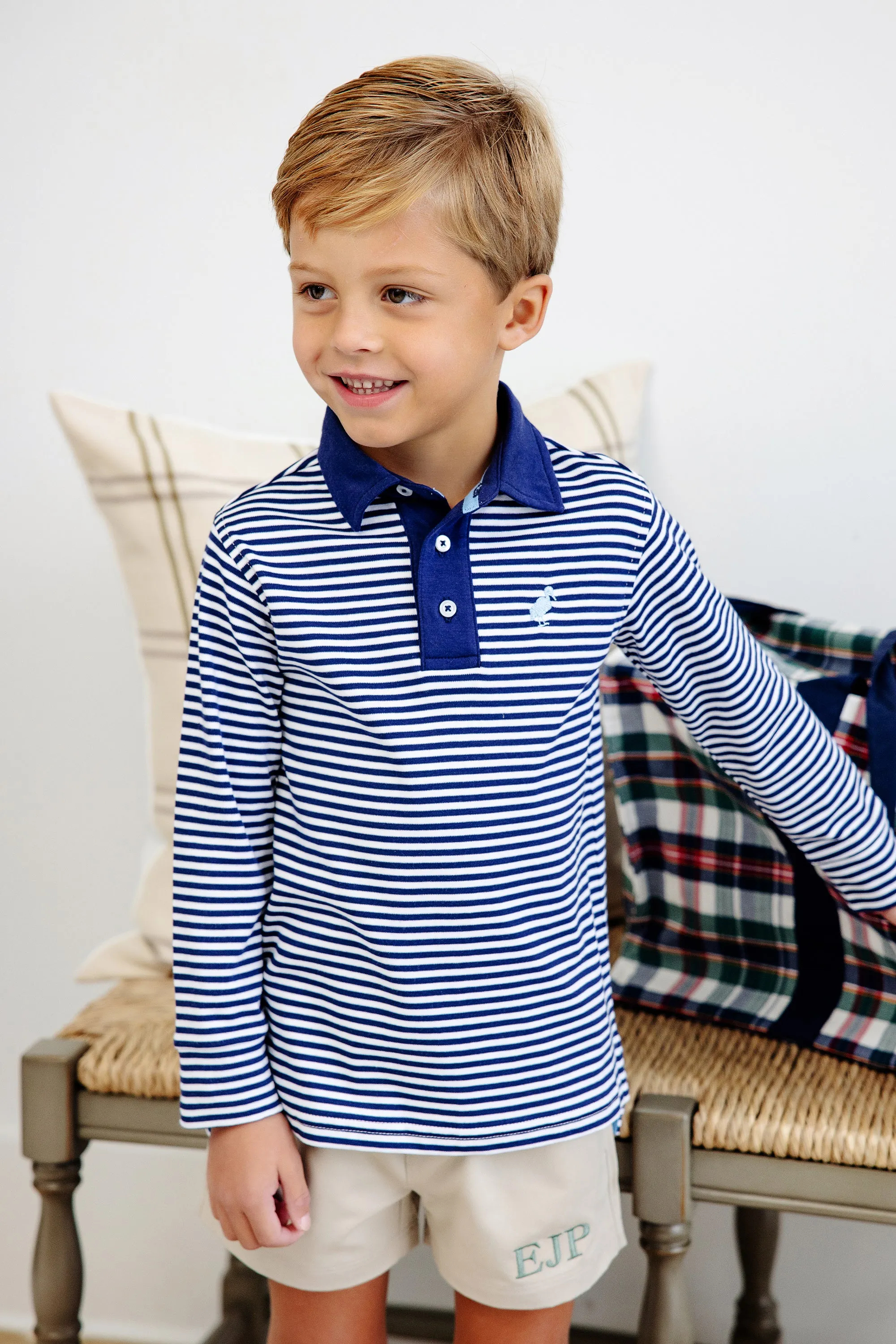 Long Sleeve Prim & Proper Polo & Onesie - Nantucket Navy Stripe with Beale Street Blue Stork