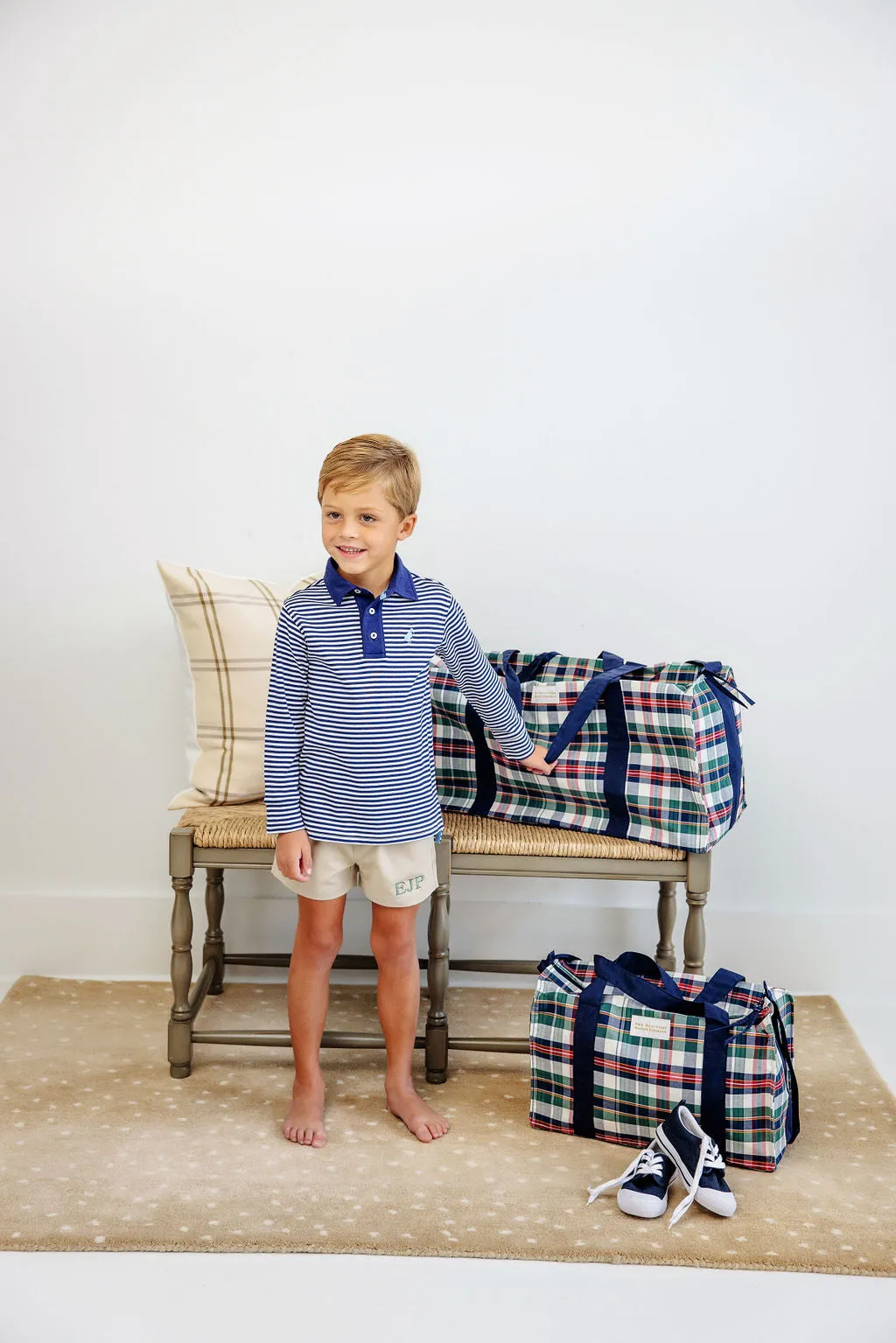 Long Sleeve Prim & Proper Polo & Onesie - Nantucket Navy Stripe with Beale Street Blue Stork