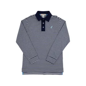 Long Sleeve Prim & Proper Polo & Onesie - Nantucket Navy Stripe with Beale Street Blue Stork