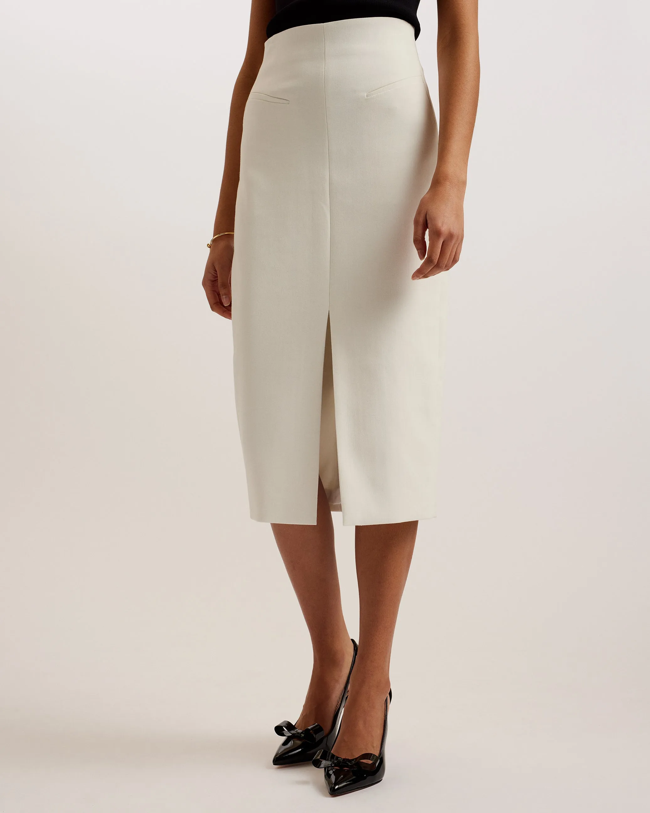 Manabus Tailored Midi Pencil Skirt With Front Split White