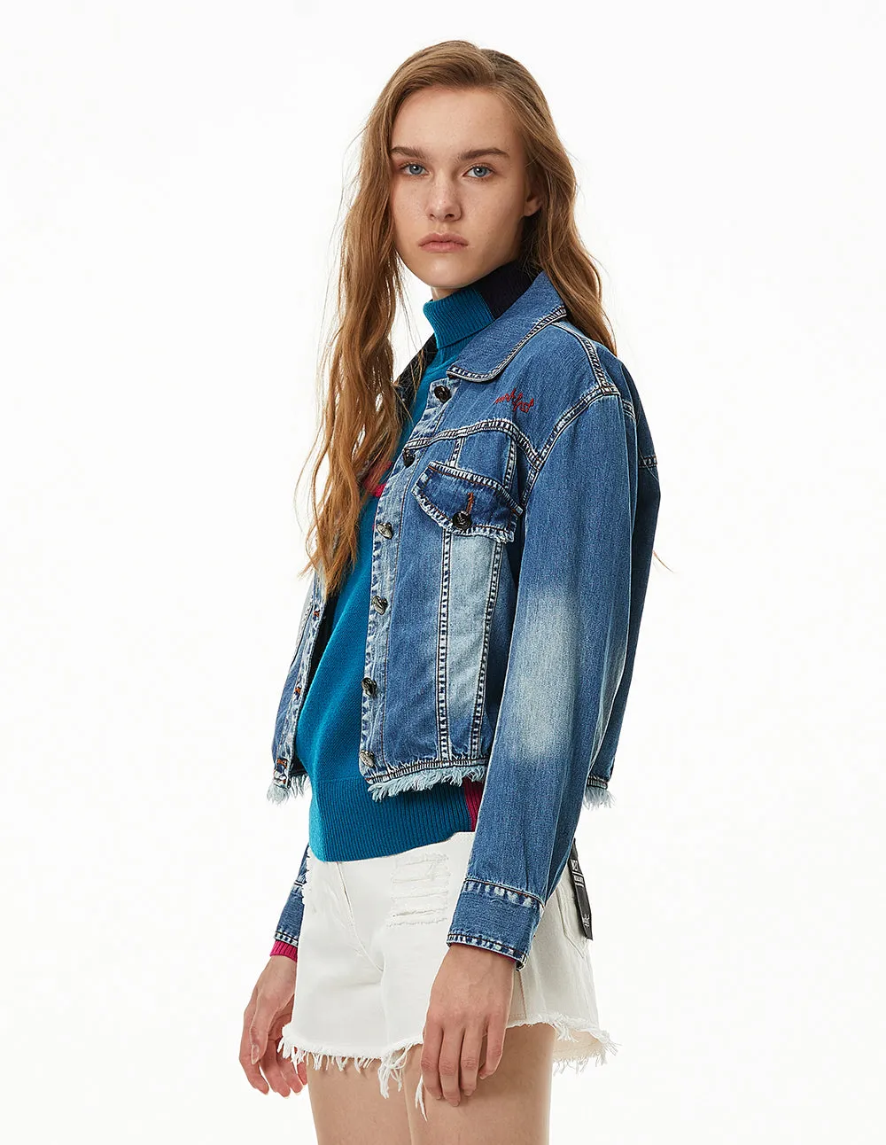 MARK FAST Women Washed Denim Back Print Crop Jean Jacket