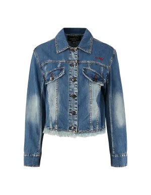 MARK FAST Women Washed Denim Back Print Crop Jean Jacket