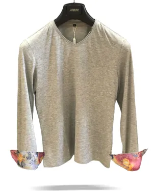 Mens T-shirt - Long Sleeve T shirt - Cotton T-shirt - Long Flower T-shirt Gray