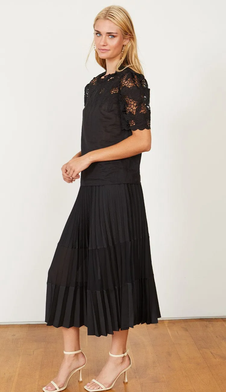 Mia Pleated Black Mesh Panel Skirt