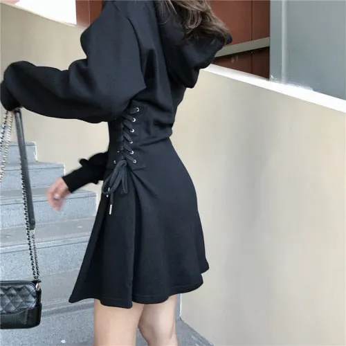 'Misery' Gray or Black Lace Up Hooded Dress