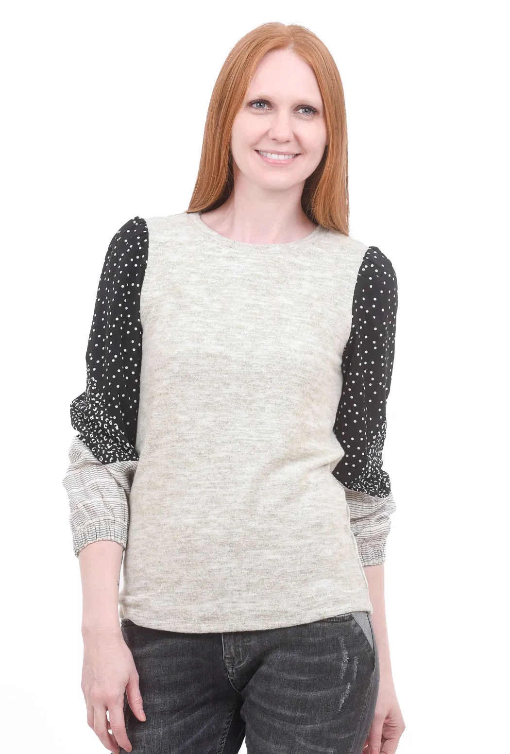 Mixed Fabric Puff-Sleeve Top, Heather