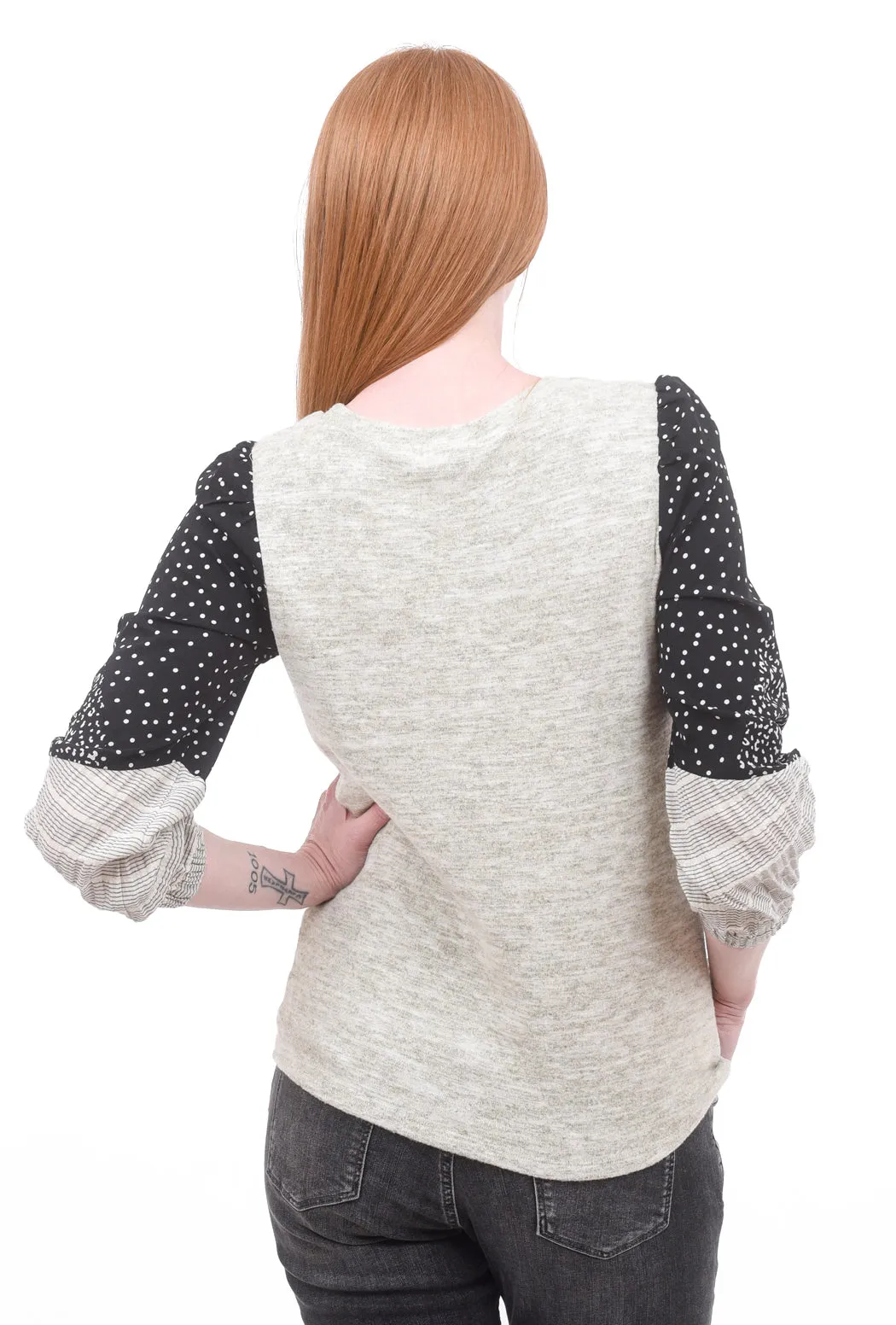 Mixed Fabric Puff-Sleeve Top, Heather