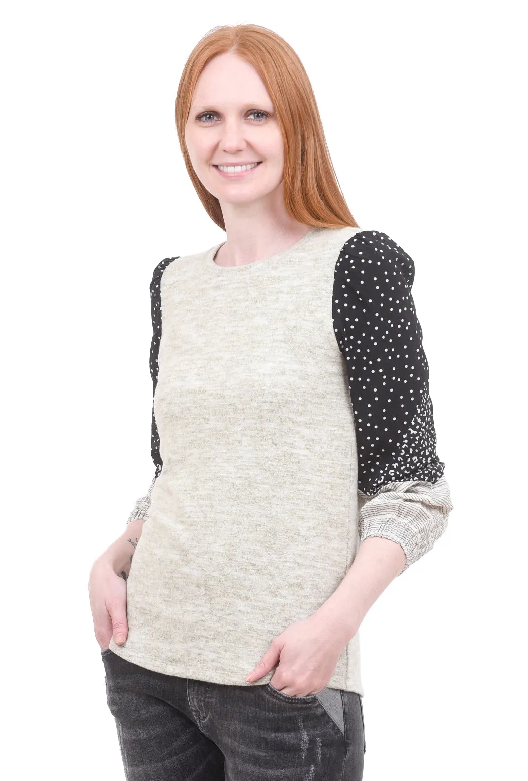 Mixed Fabric Puff-Sleeve Top, Heather