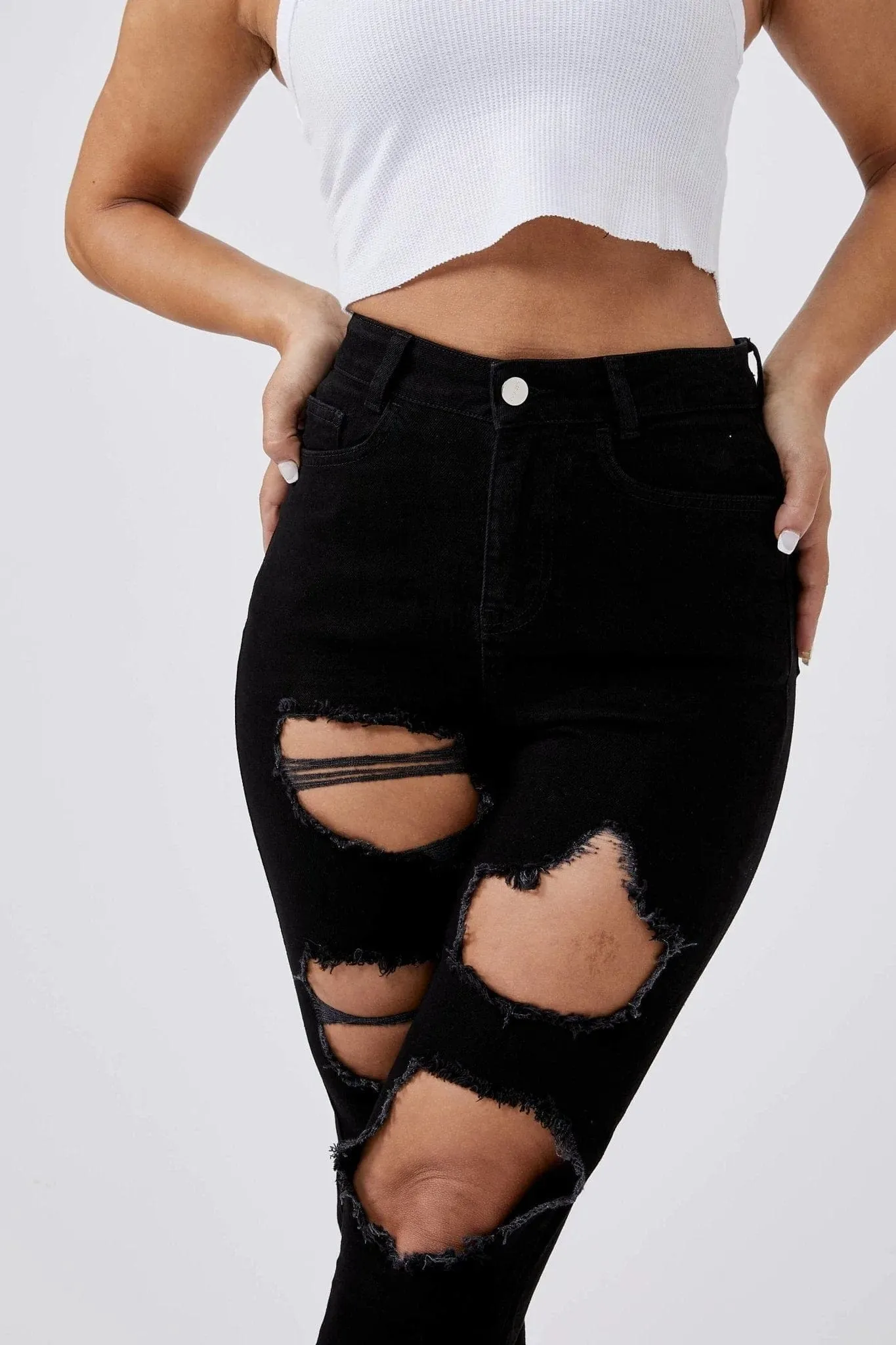 MOM JEANS MULTI RIPPED - BLACK