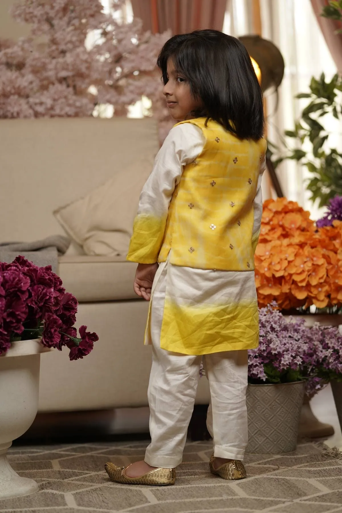 Pre Order: Yellow Organza Jacket with Kurta and Pant