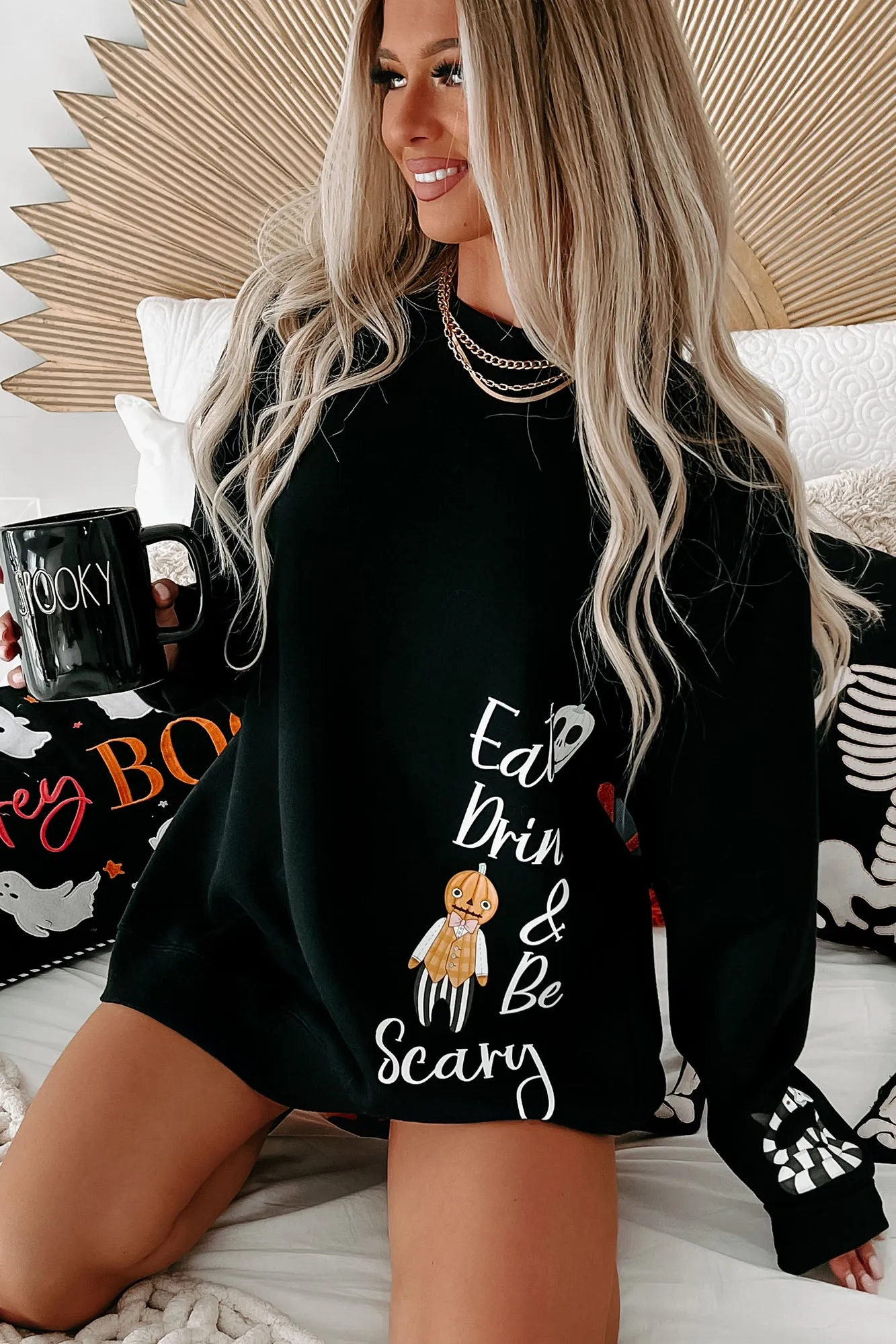 "Eat, Drink, & Be Scary" Graphic Crewneck (Black) - Print On Demand