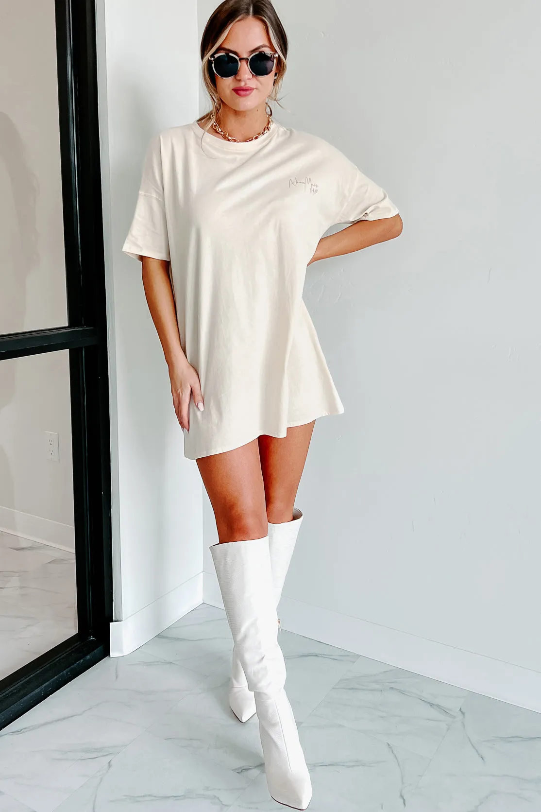 "NanaMacs XOXO" Oversized Graphic T-Shirt Dress (Vanilla/Taupe Text-Left Chest) - Print On Demand