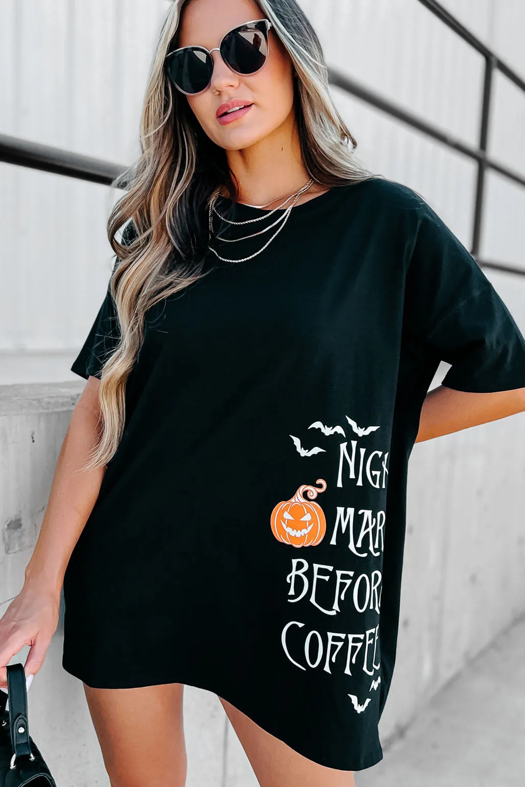 "Nightmare Before Coffee" Oversized Graphic T-Shirt Dress (Black) - Print On Demand