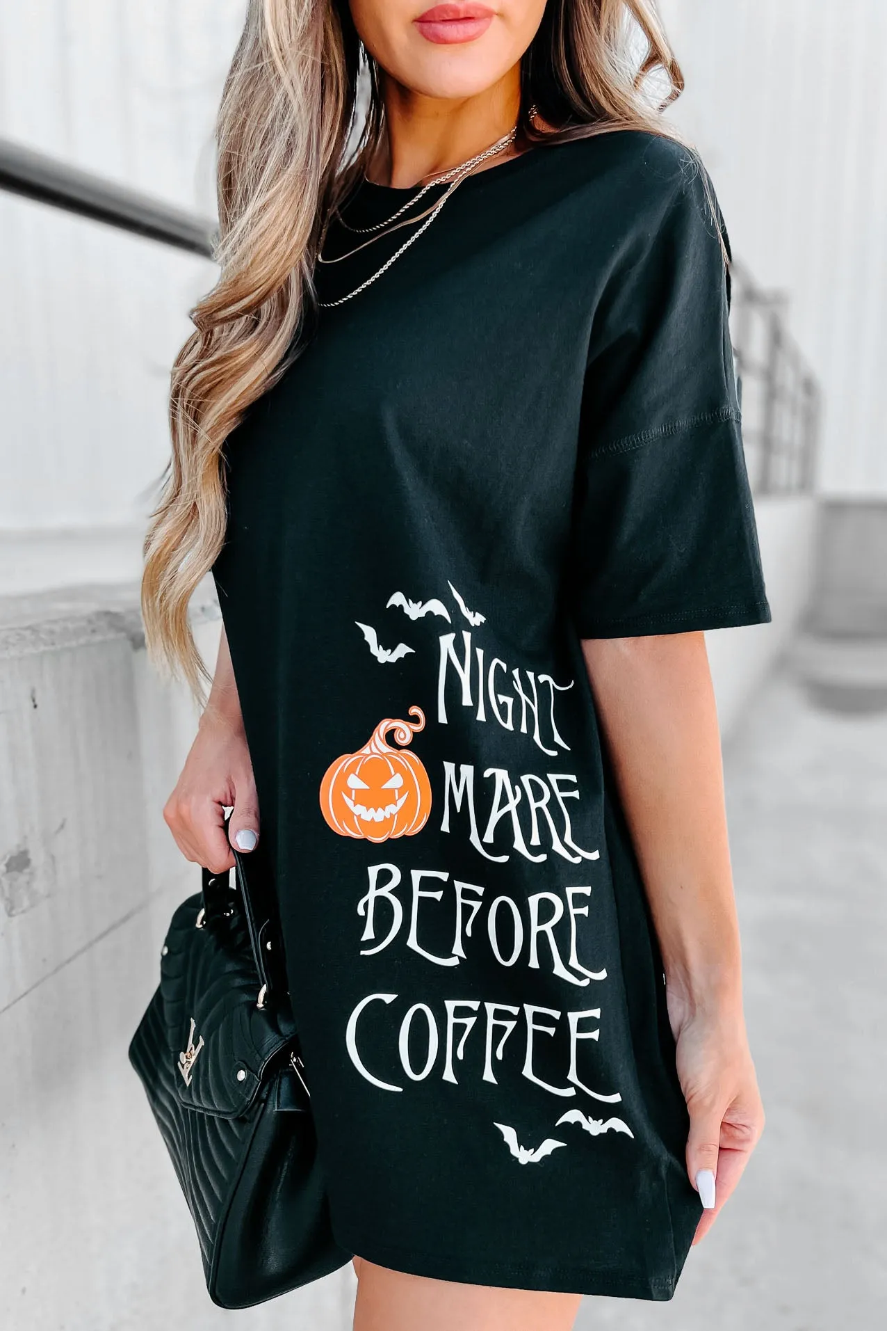 "Nightmare Before Coffee" Oversized Graphic T-Shirt Dress (Black) - Print On Demand