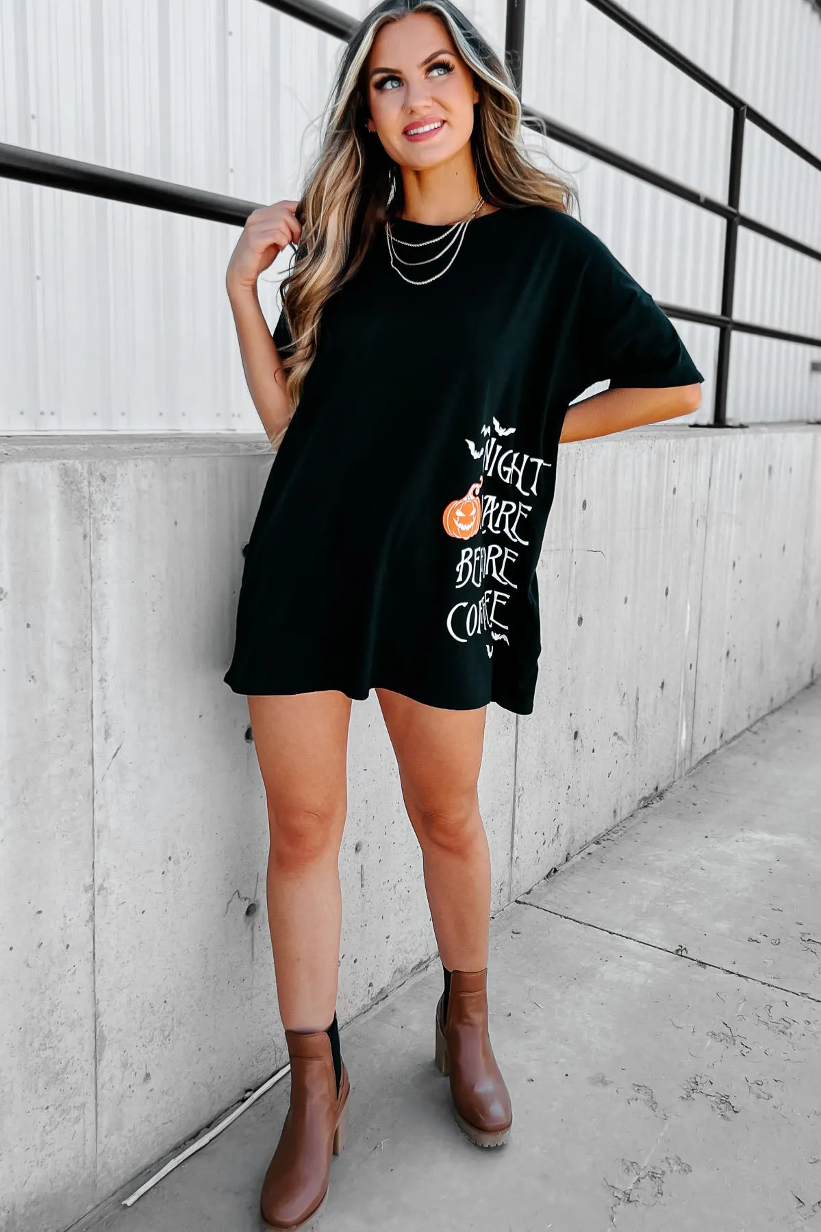 "Nightmare Before Coffee" Oversized Graphic T-Shirt Dress (Black) - Print On Demand