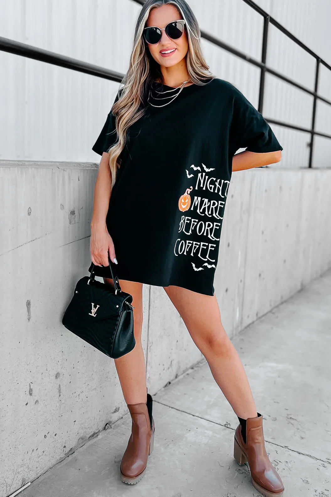 "Nightmare Before Coffee" Oversized Graphic T-Shirt Dress (Black) - Print On Demand