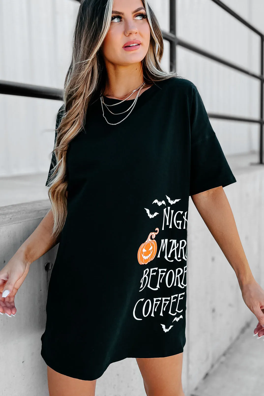 "Nightmare Before Coffee" Oversized Graphic T-Shirt Dress (Black) - Print On Demand