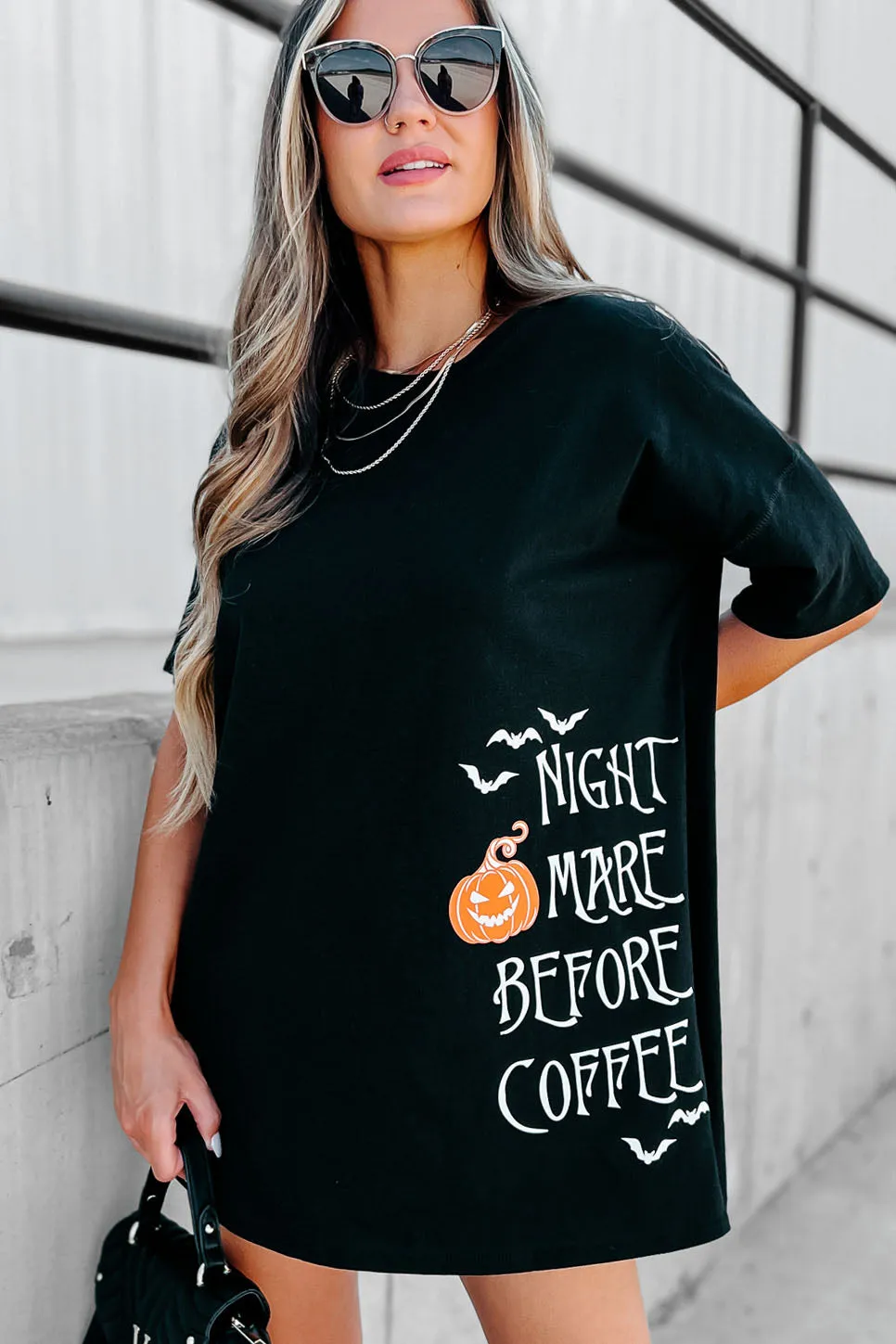 "Nightmare Before Coffee" Oversized Graphic T-Shirt Dress (Black) - Print On Demand