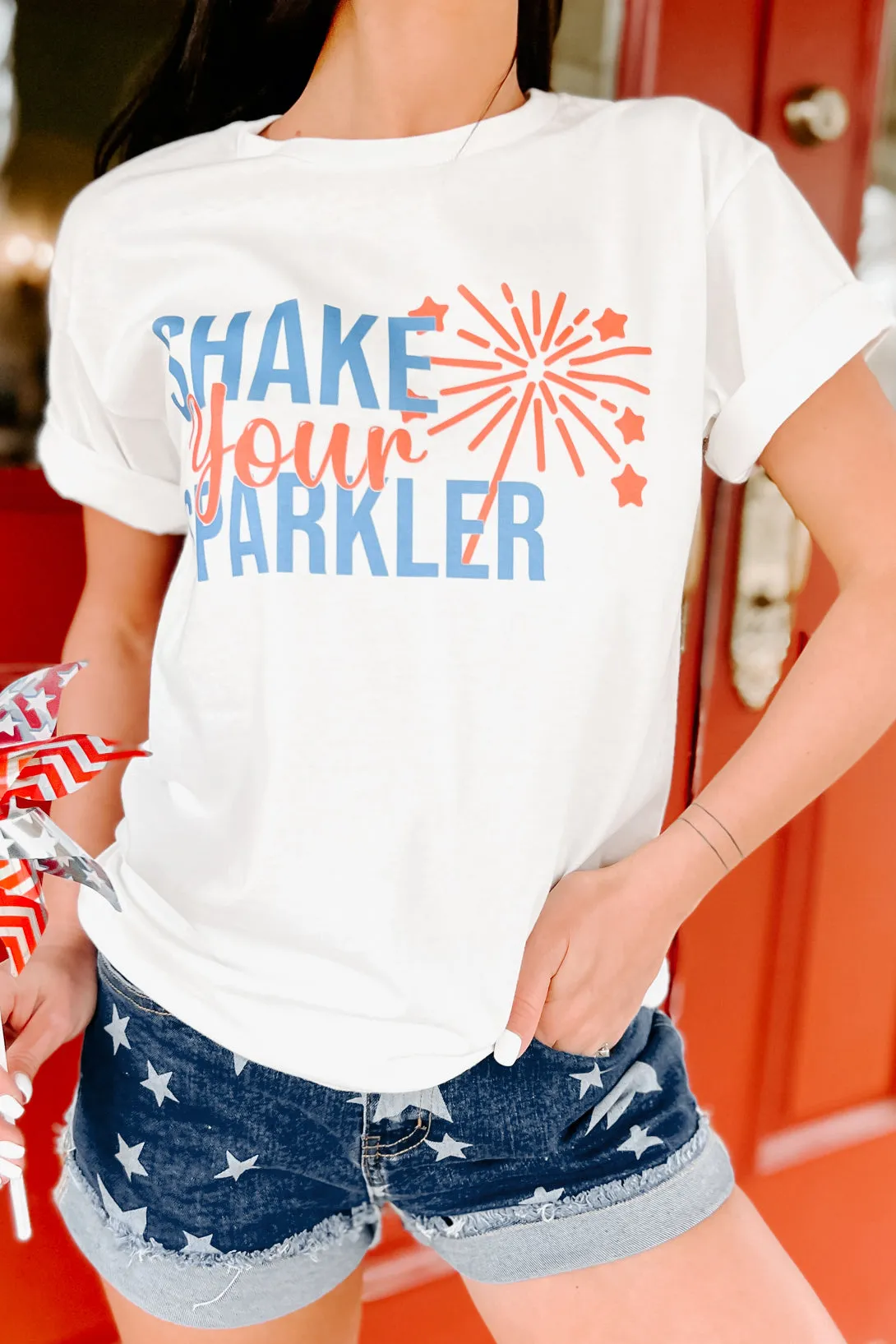 "Shake Your Sparkler" Graphic T-Shirt (White) - Print On Demand