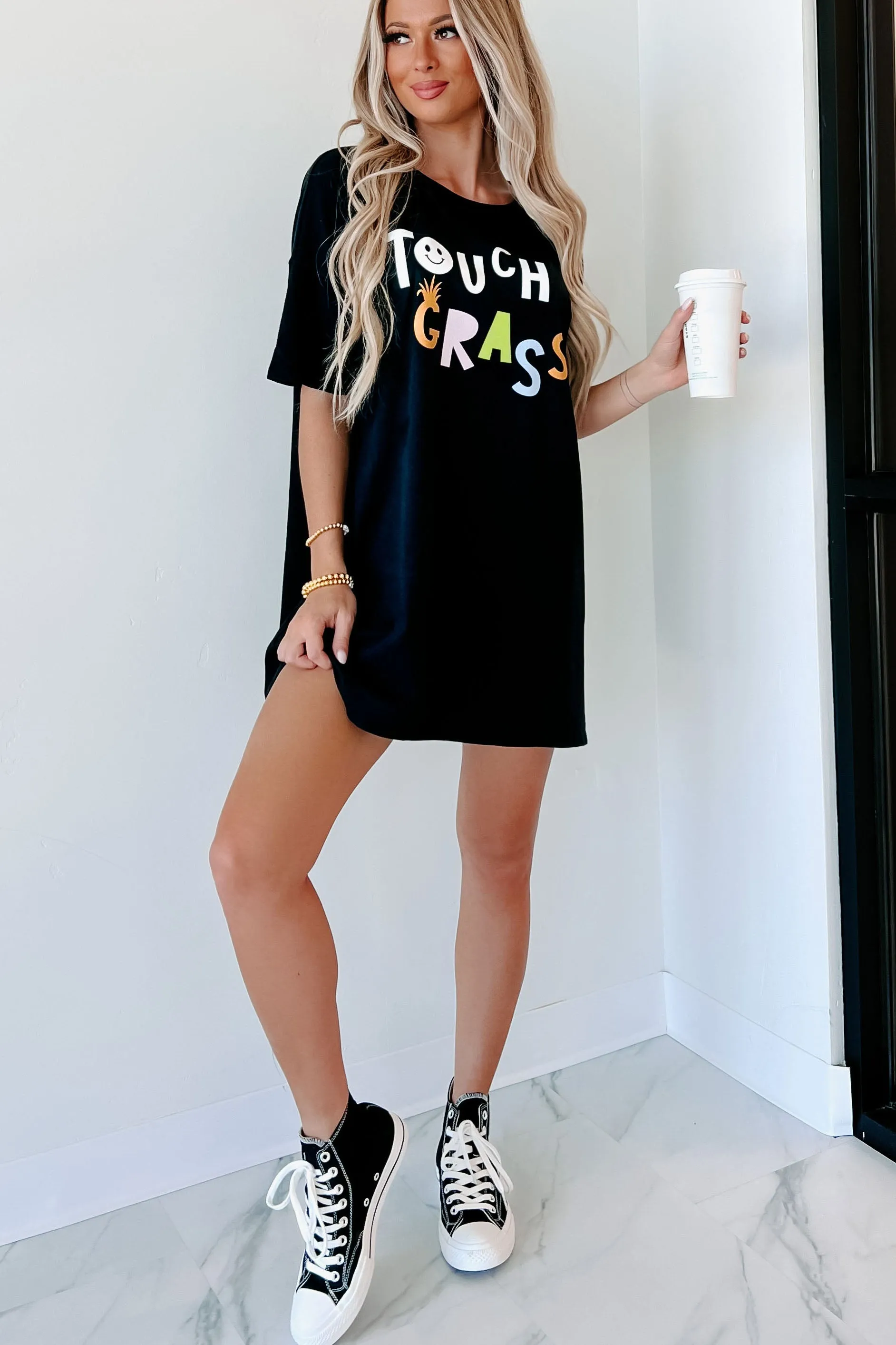 "Touch Grass" Oversized Graphic T-Shirt Dress (Black) - Print On Demand